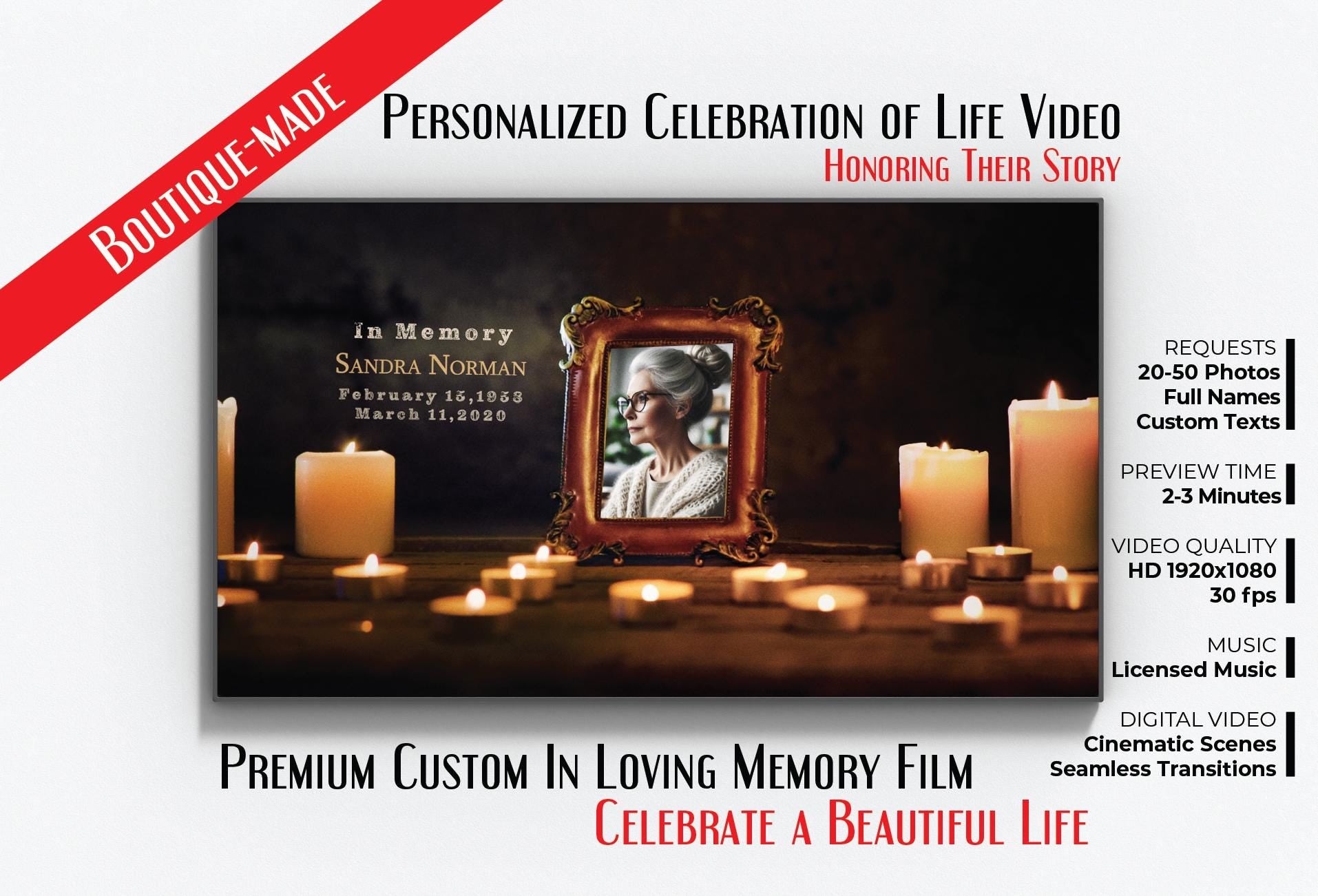 Personalized Memorial Video: Celebration of Life Tribute (Digital File, 1080p HD MP4 Format)